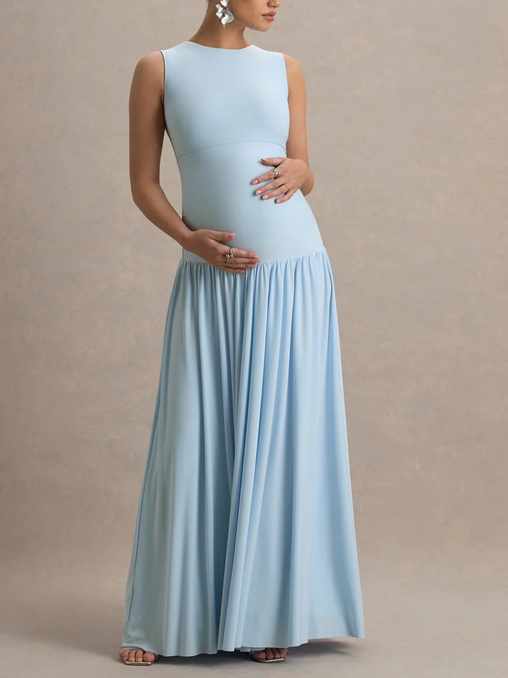Powder Blue Maternity Maxi Dress Pleated Skirt Crew Neck Formal Baby Shower